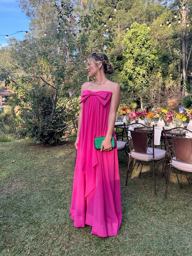 Luolandi Fuchsia Strapless A-Line Cute Bowknot Long Party Dress Wedding Guest Dress Evening Dress With Bow(s)